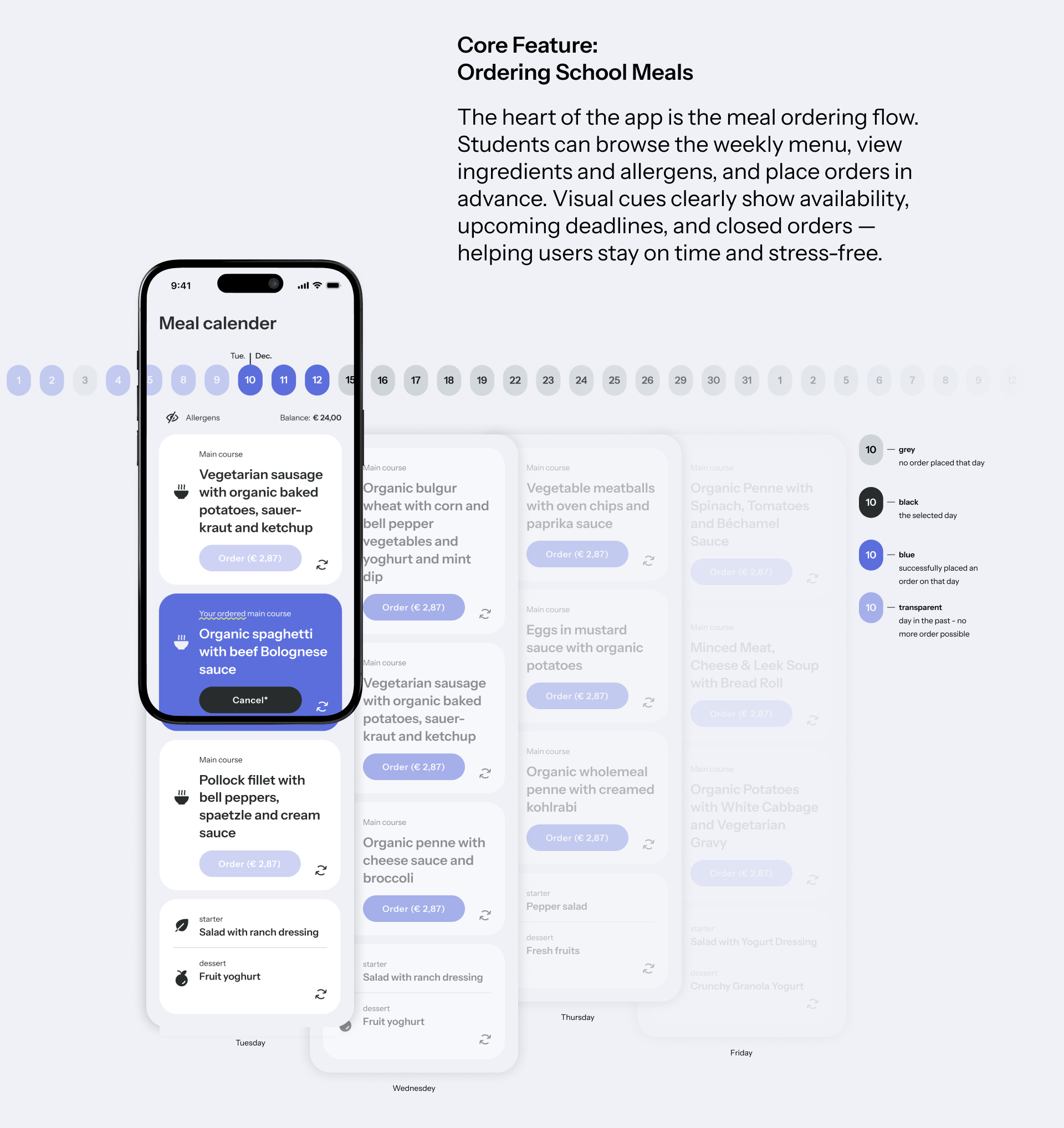 Mobile App Design Concept - screen of a mobile app for ordering school meals