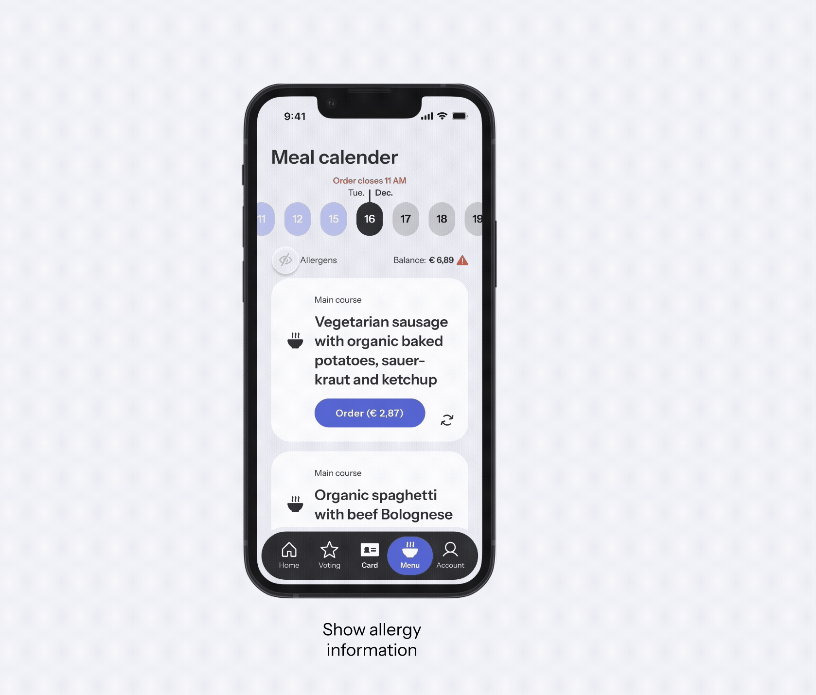Mobile App Design Concept - screen of a mobile app for ordering school meals